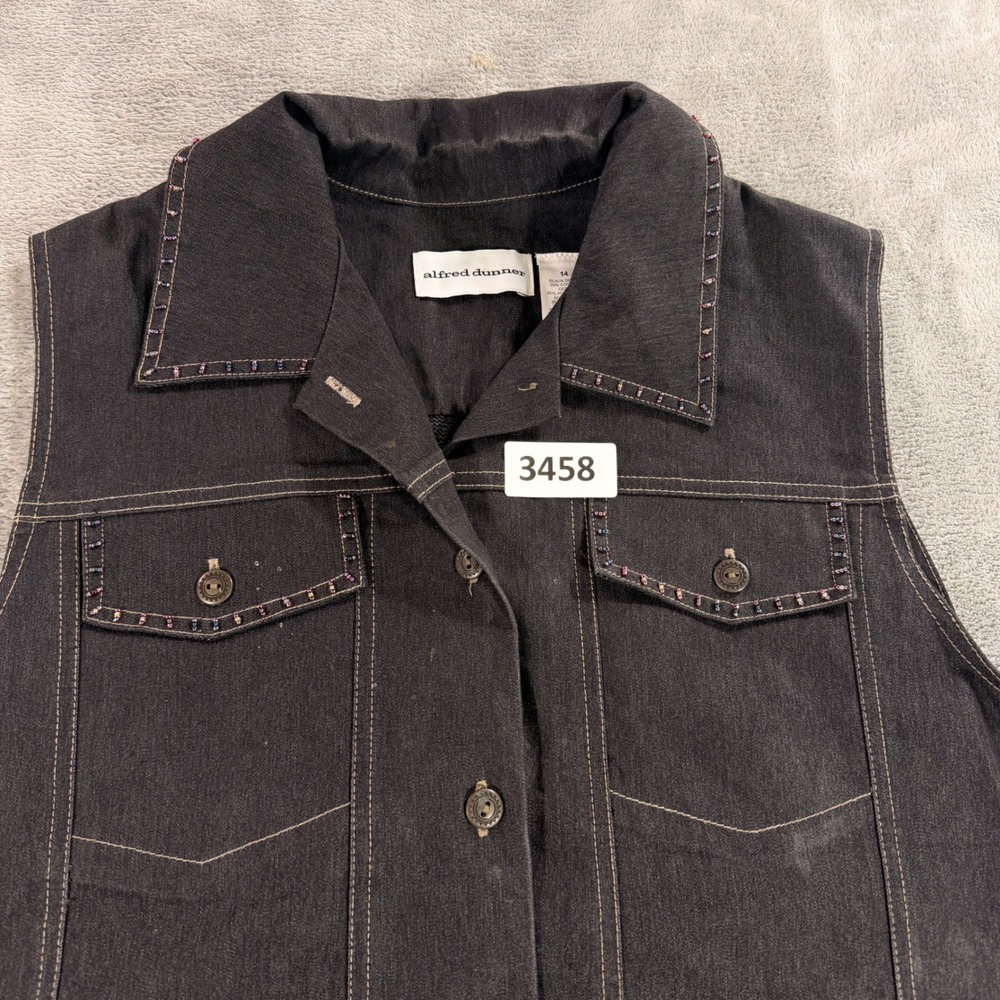 Alfred Dunner Denim Vest Womens 14 Black Floral Embroidered Beaded Mixed Media